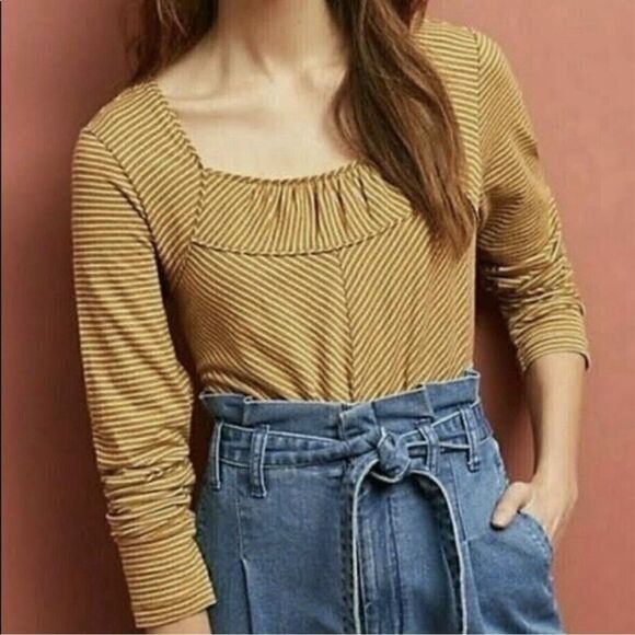 Maeve Anthropologie Striped Long Sleeve Shirt Women’s Scoop Neck Mustard Small - Picture 1 of 10